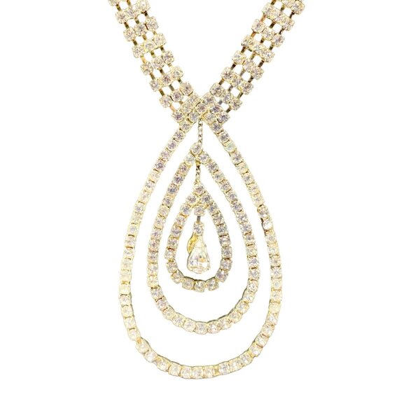 Rhinestone Bling Ripple Necklace Stud Dangle Earrings Set Oval Pendant Statement - Picture 3 of 10